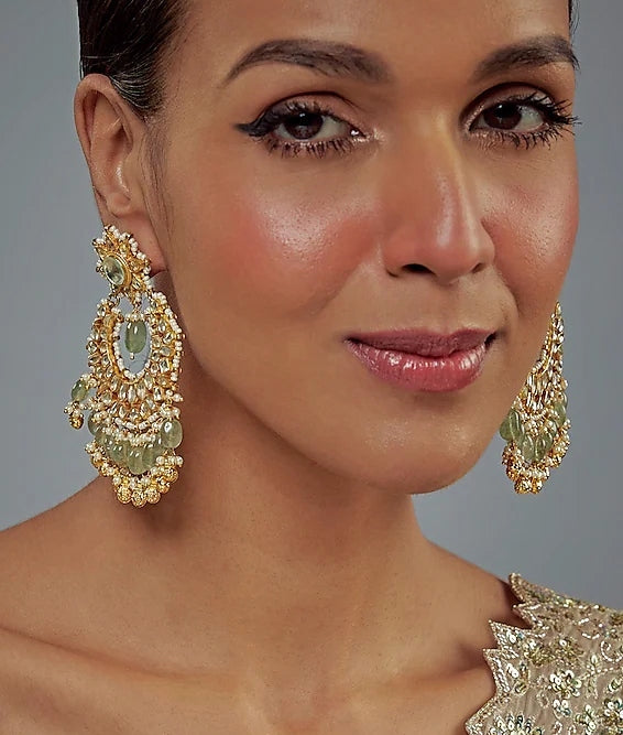 Gold Plated Green Kundan And Pearl Chandbali Earrings