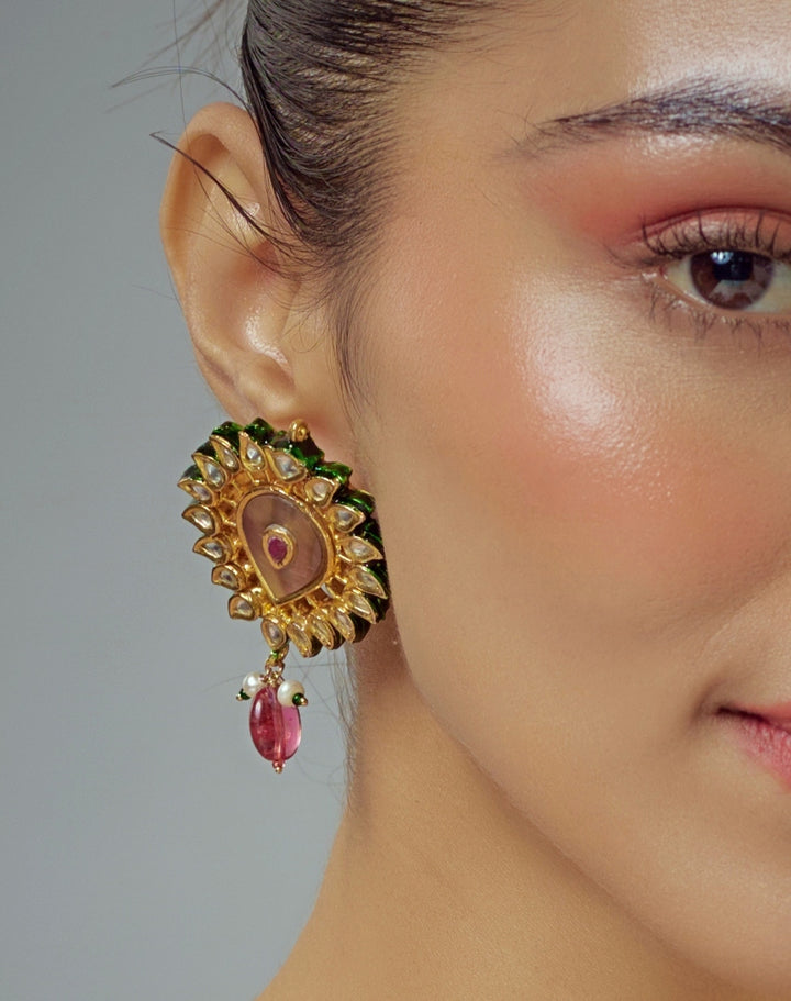 Gold Plated Pink Kundan And Polki Drop Earrings