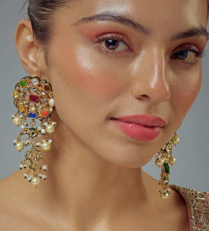 Gold Plated Multi Stone Kundan Drop Earrings