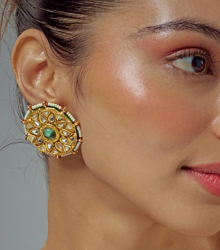 Gold Plated Green Emerald Kundan And Polki Stud Earrings