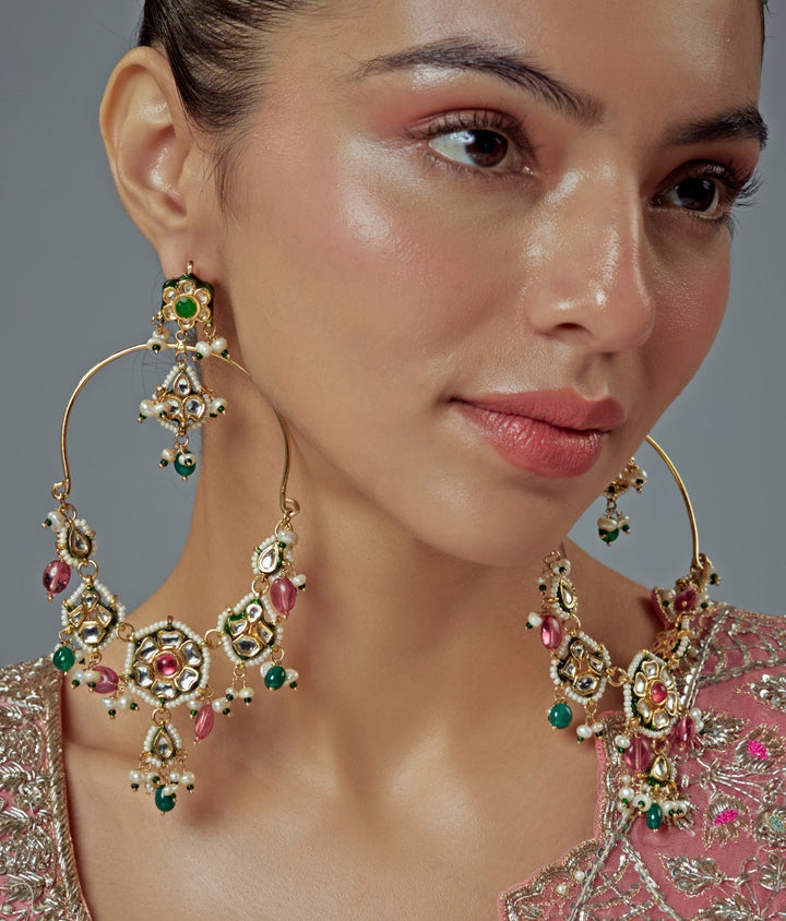 Gold Plated Multi Stone Kundan And Polki Danglers Earrings