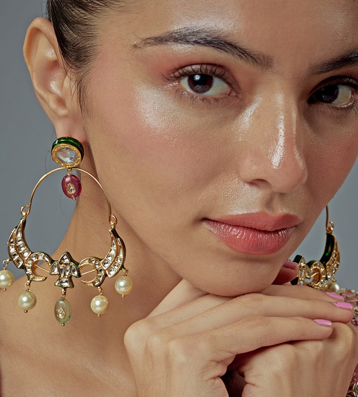 Gold Plated Multi Kundan Danglers Earrings