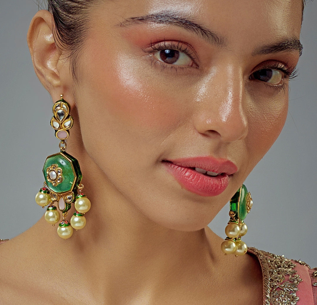 Gold Plated Green Kundan Pearl Drop Earrings