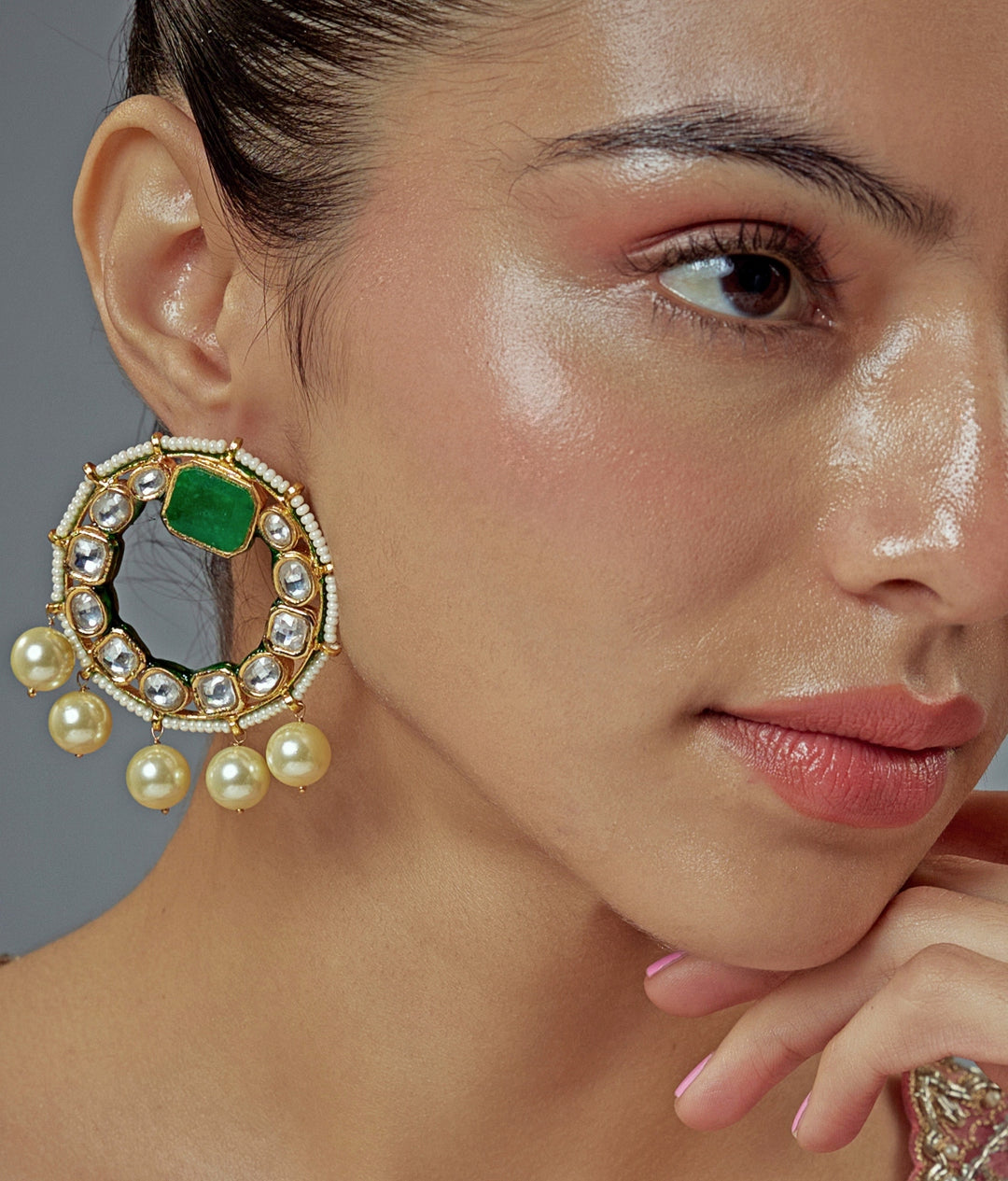 Gold Plated Green Kundan And Pearl Drop Earrings
