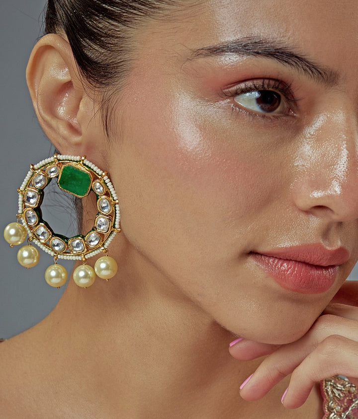 Gold Plated Green Kundan And Pearl Drop Earrings