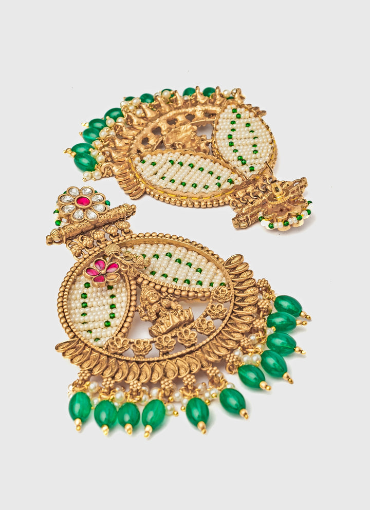 Gold Plated Chandbali Earrings With Green Drops