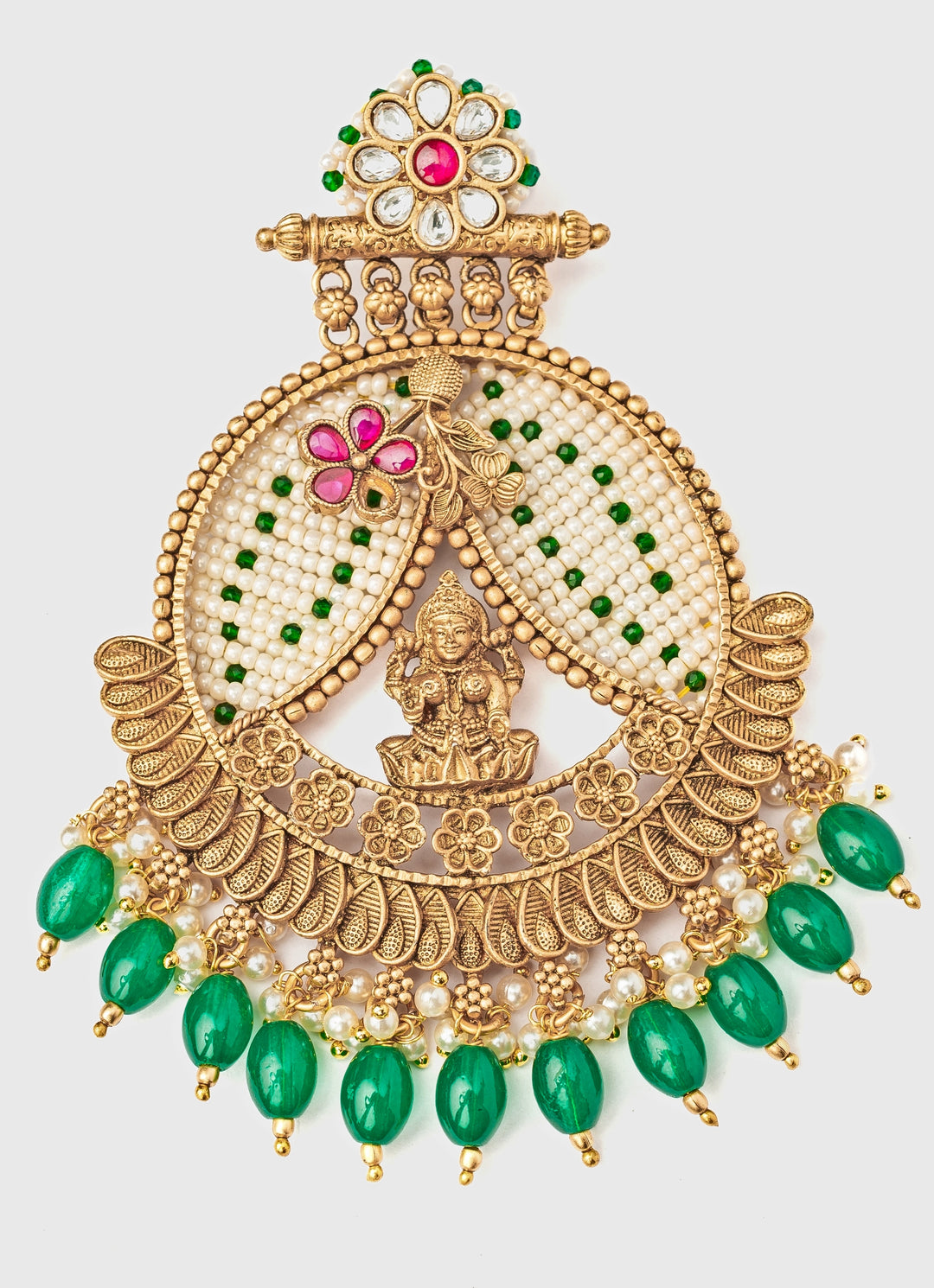 Gold Plated Chandbali Earrings With Green Drops
