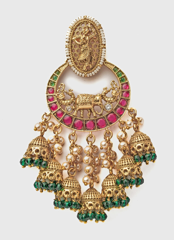 Gold Plated Floral Green Chandbali Earrings