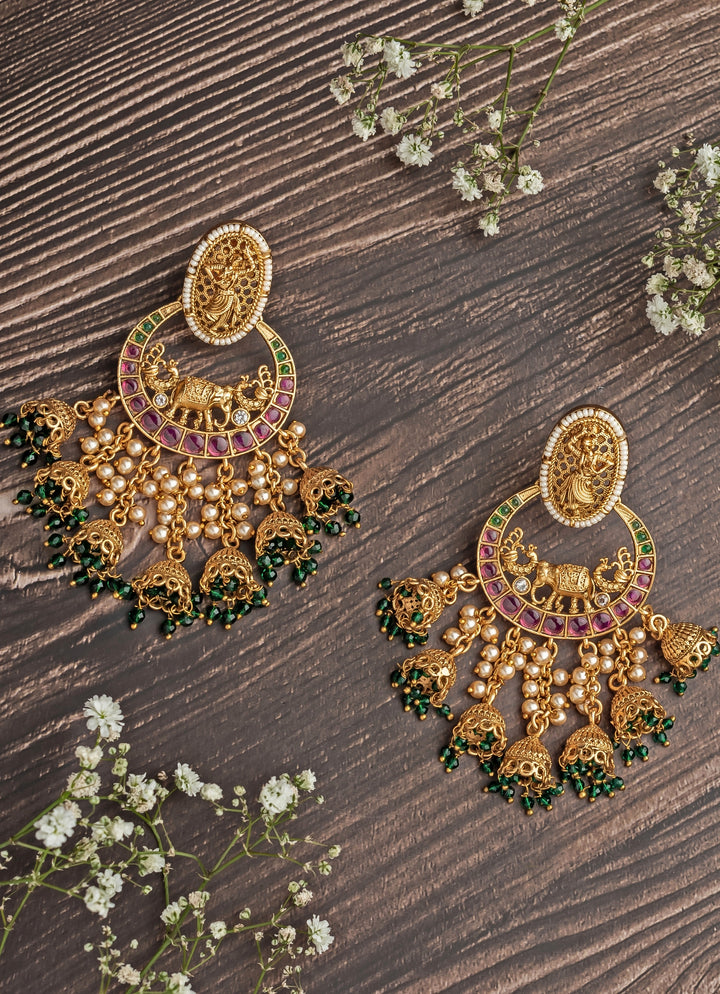 Gold Plated Floral Green Chandbali Earrings