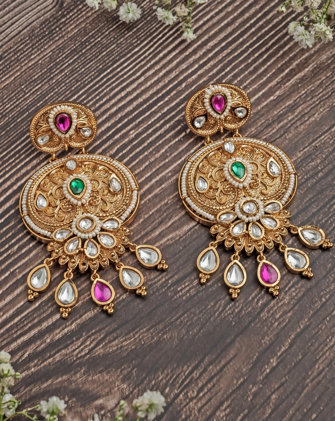 Gold Plated Pink And Green Beaded Chandbali Earrings