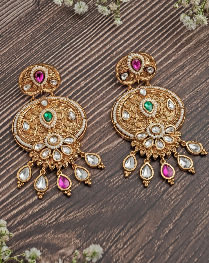 Gold Plated Pink And Green Beaded Chandbali Earrings