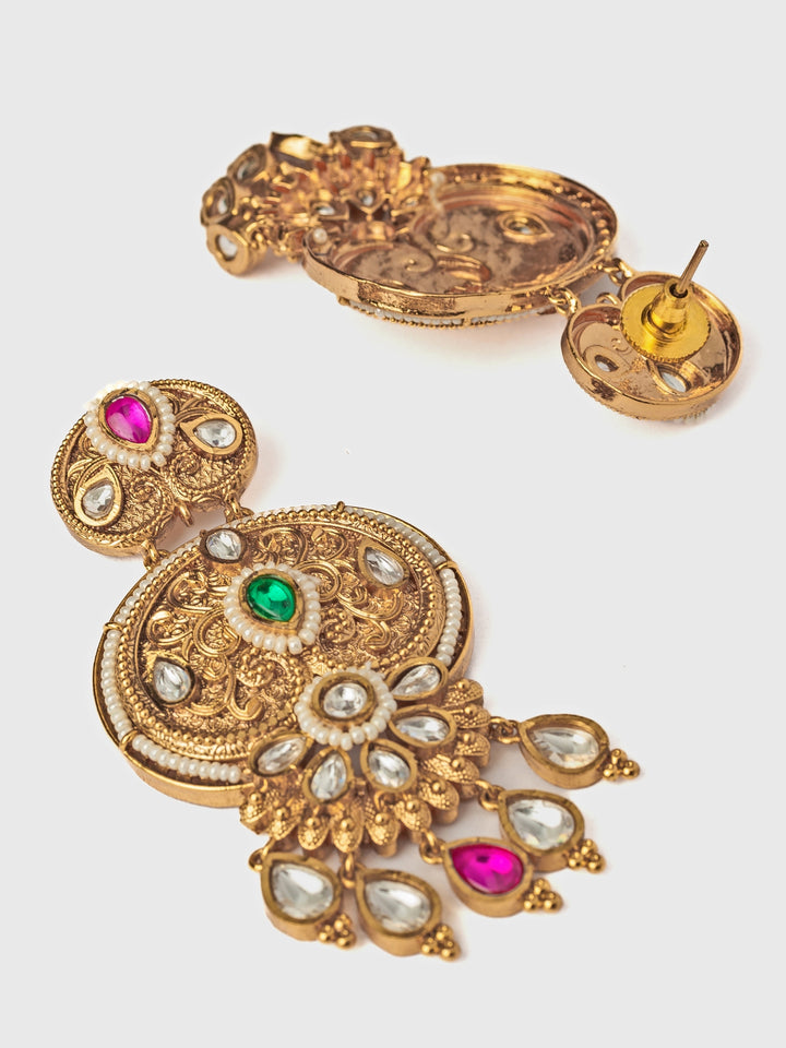 Gold Plated Pink And Green Beaded Chandbali Earrings