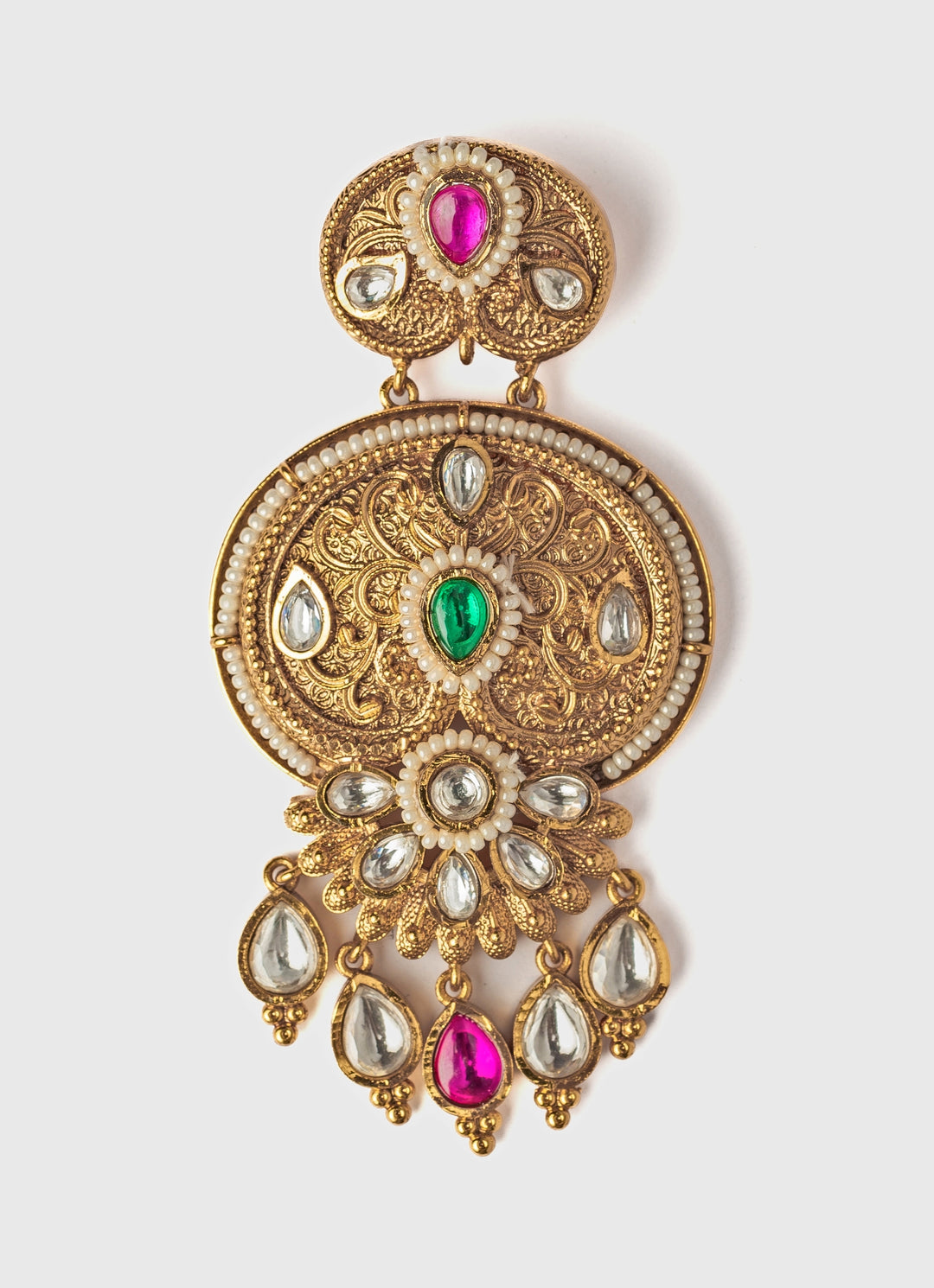 Gold Plated Pink And Green Beaded Chandbali Earrings