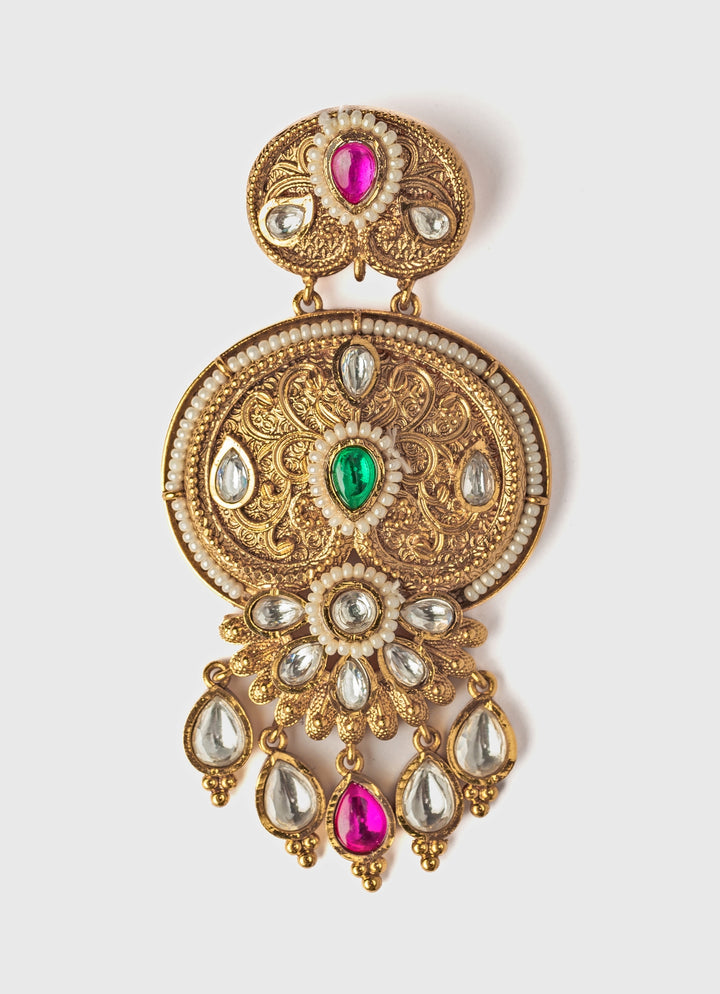 Gold Plated Pink And Green Beaded Chandbali Earrings