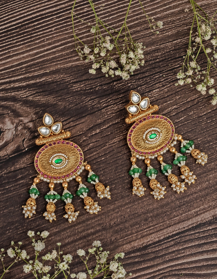 Gold Plated Green And Pearl Chandbali Earrings
