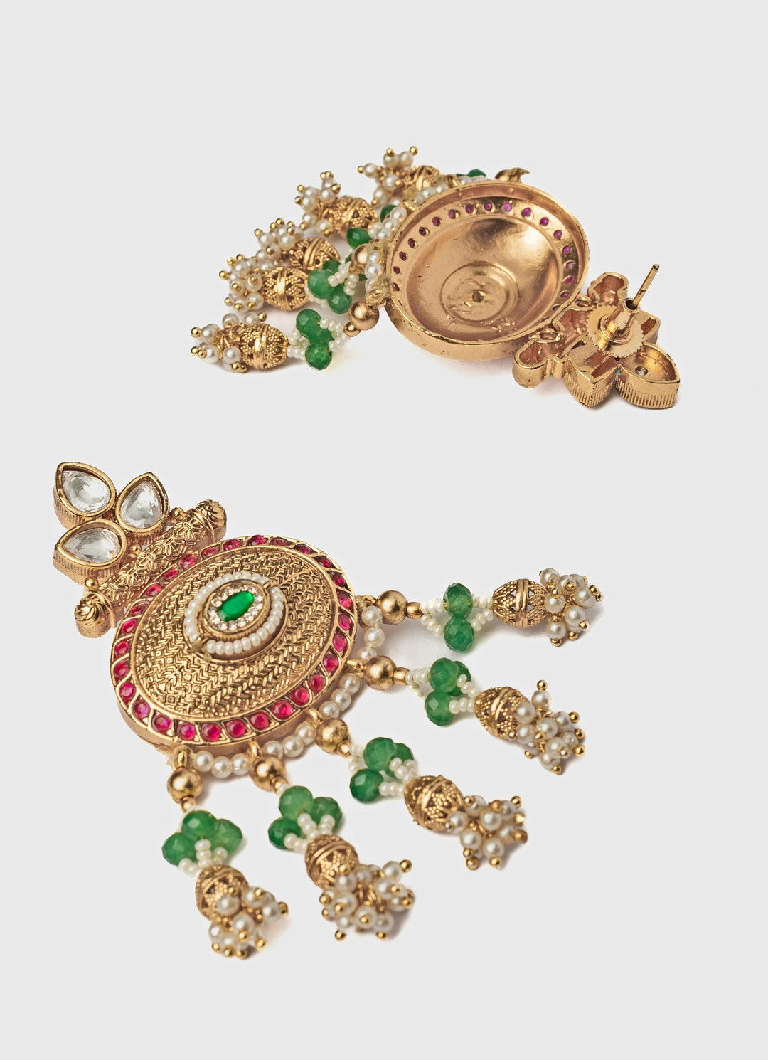 Gold Plated Green And Pearl Chandbali Earrings