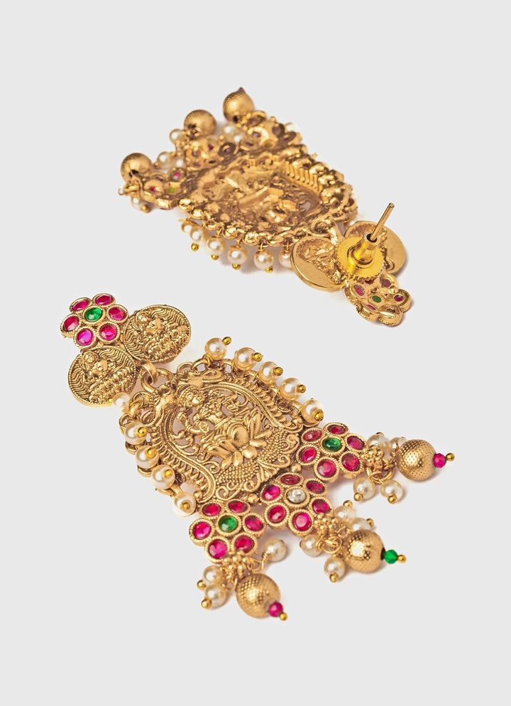Gold Plated Pink And Green Chandbali Earrings