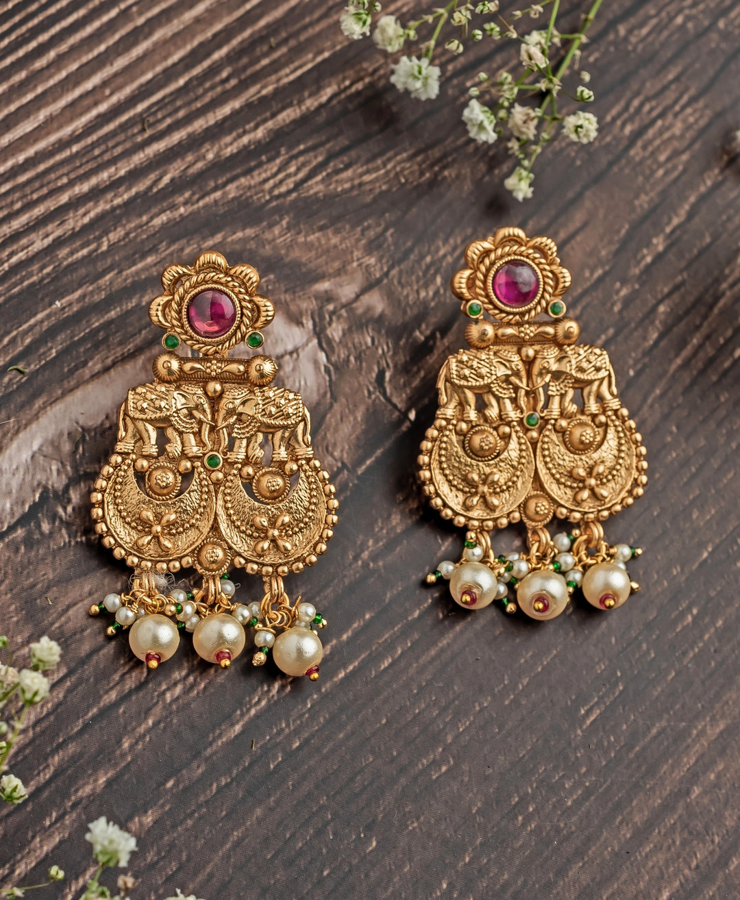 Gold Plated Pink And Green Chandbali Earrings With Pearl Drops