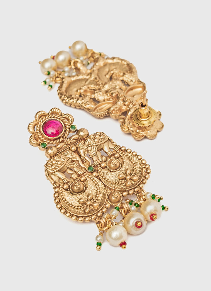 Gold Plated Pink And Green Chandbali Earrings With Pearl Drops