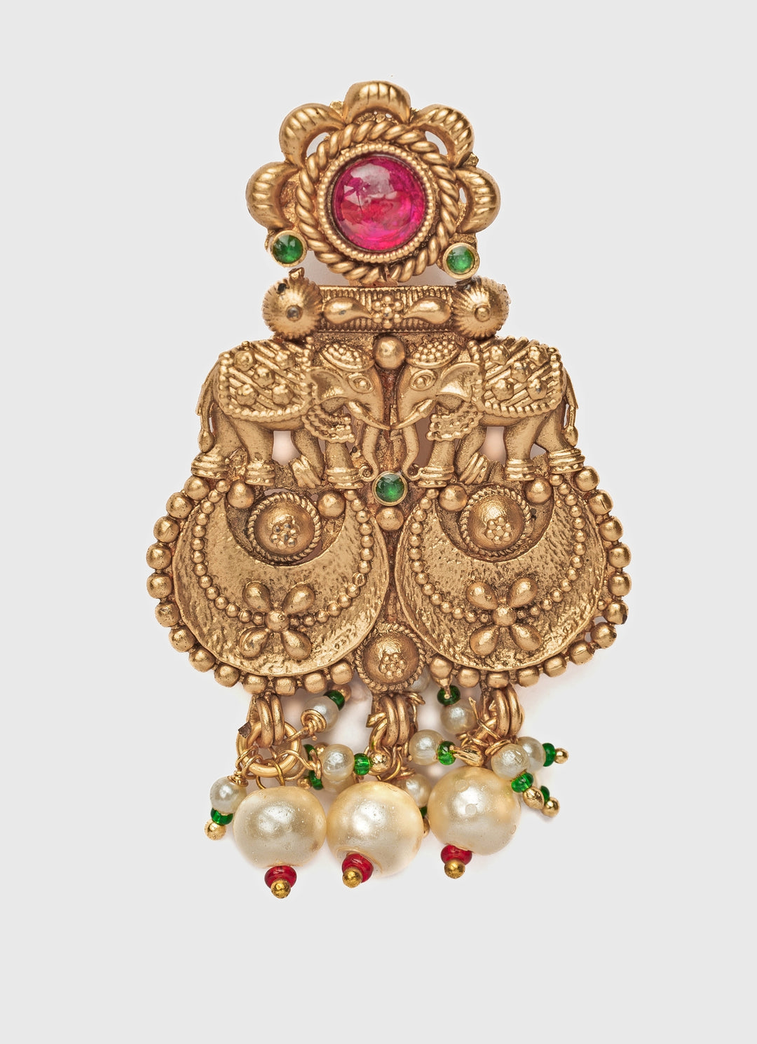 Gold Plated Pink And Green Chandbali Earrings With Pearl Drops