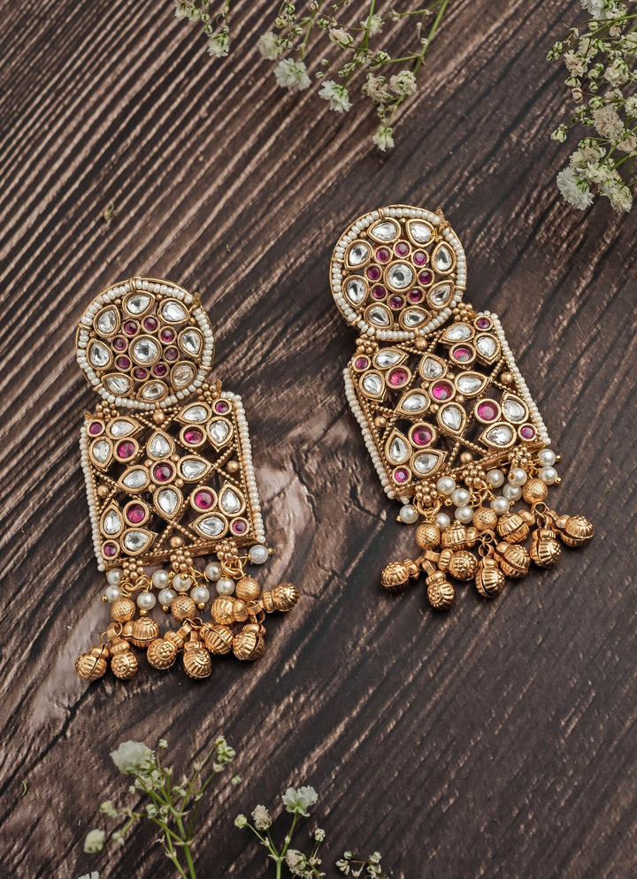 Gold Plated Floral White And Pink Stone Dangle Earrings