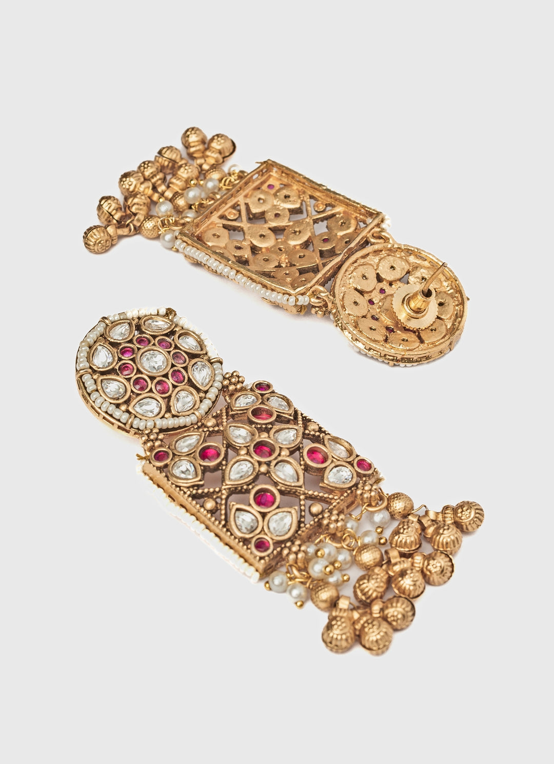 Gold Plated Floral White And Pink Stone Dangle Earrings