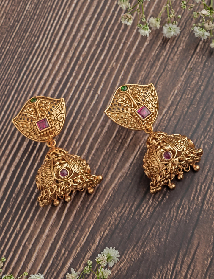 Gold Plated Leaf Pink Stone Jhumka Earrings