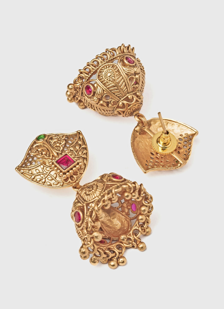 Gold Plated Leaf Pink Stone Jhumka Earrings