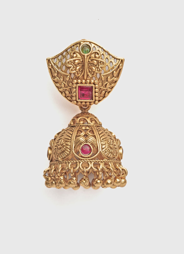 Gold Plated Leaf Pink Stone Jhumka Earrings