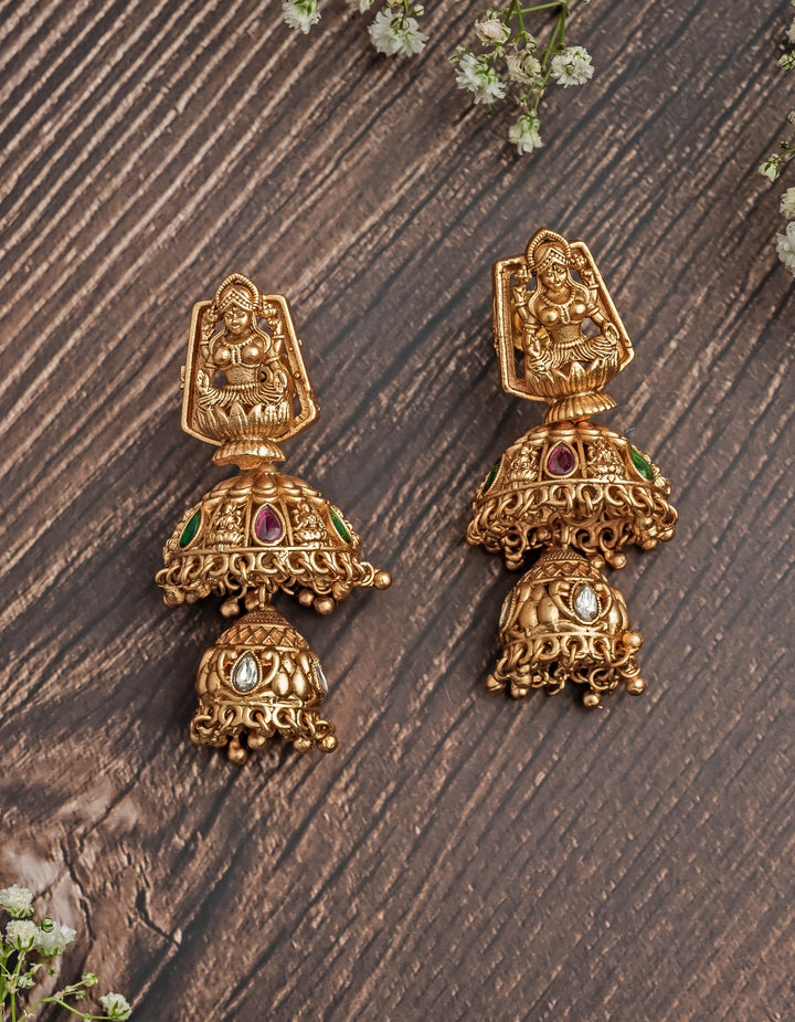 Gold Plated Double Tiered Jhumka Earrings