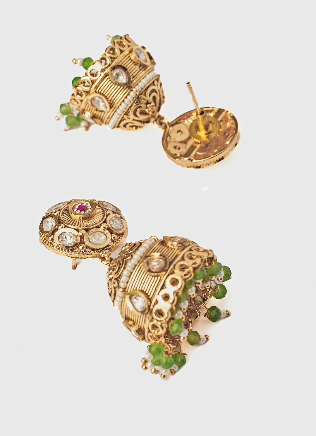 Gold Plated White And Green Stone Jhumka Earrings