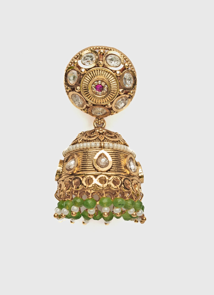 Gold Plated White And Green Stone Jhumka Earrings