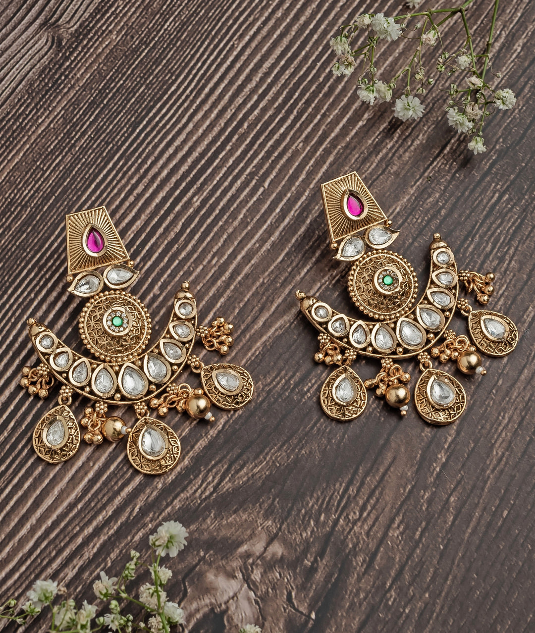 Gold Plated White Stone Teardrop Chandbali Earrings