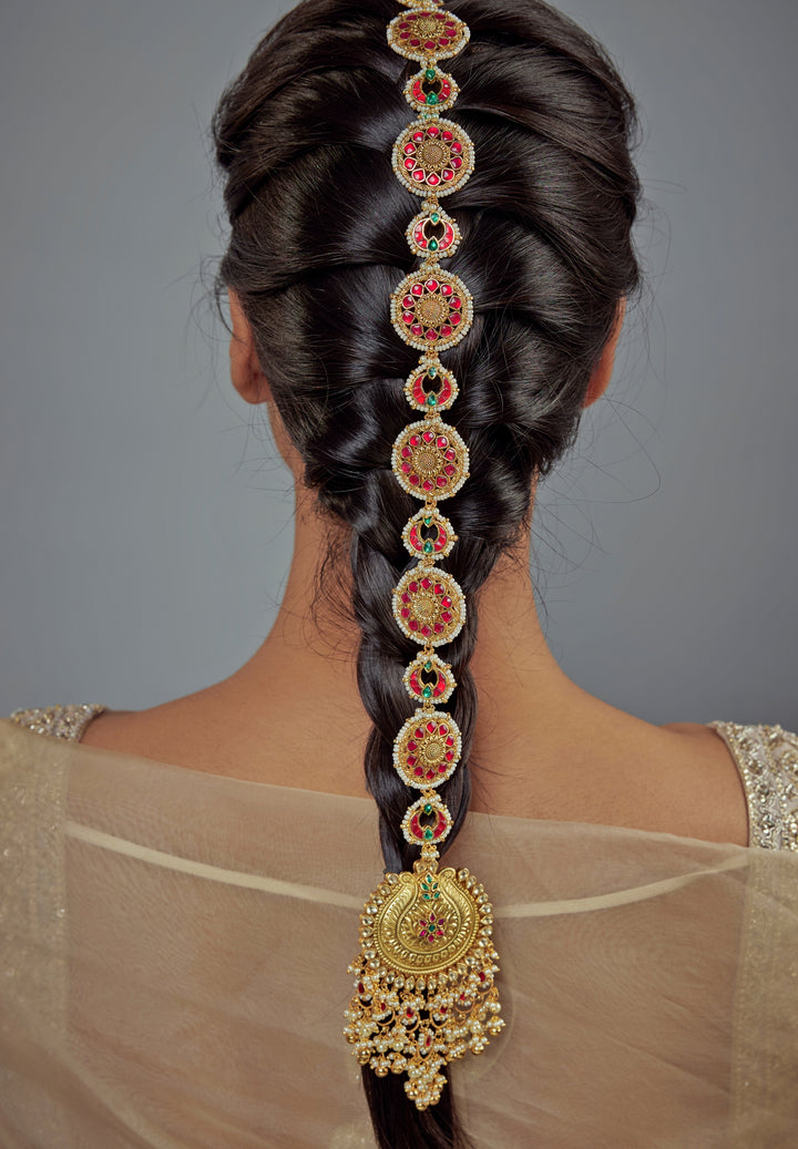 Gold Plated Red And Green Beaded Kundan Matha Patti