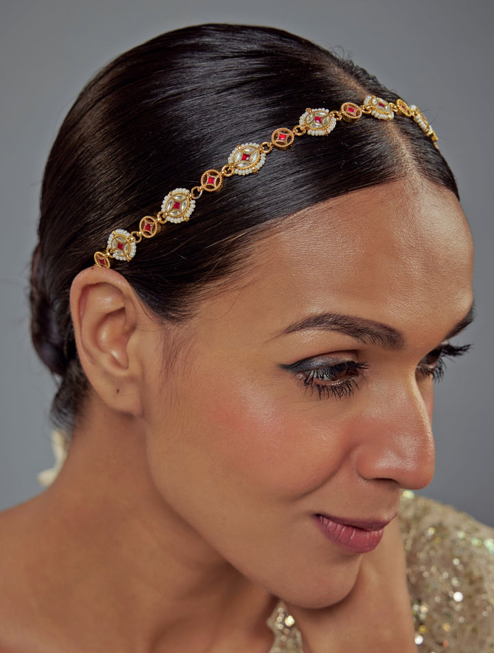 Gold Plated Red Kundan Matha Patti