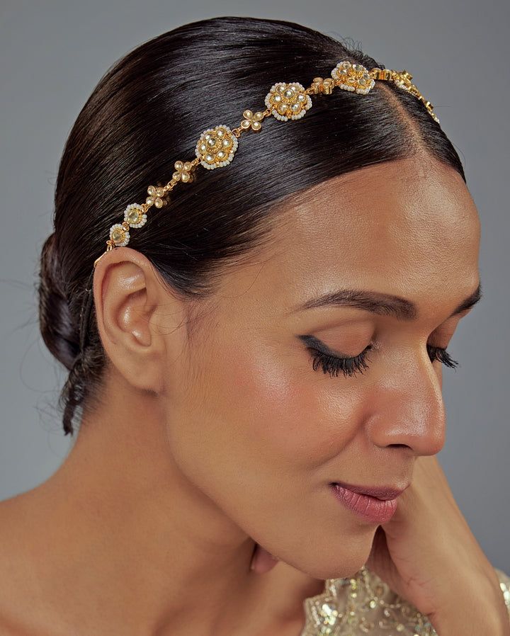 Gold Plated Floral White Crystal And Kundan Matha Patti