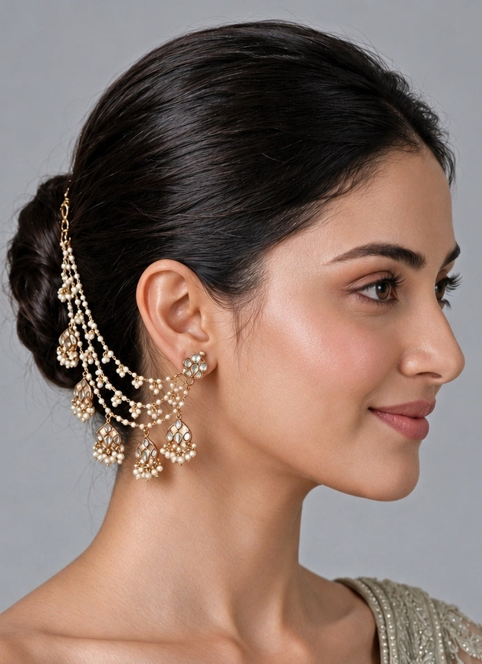 Gold Plated Pearl Kundan Layered Earchain