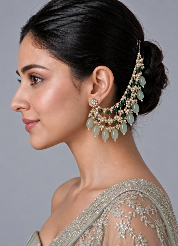 Gold Plated Sage Green Pearl Layered Ear Chain