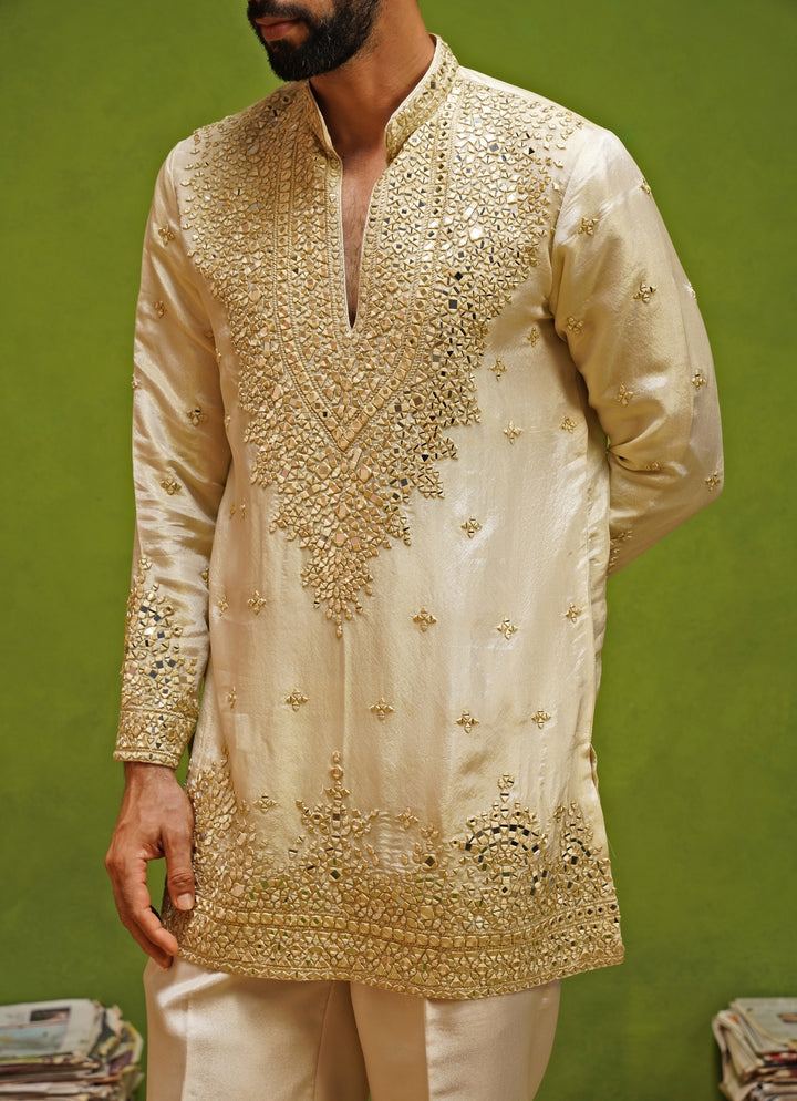 Beige Tissue Silk Mirror Short Kurta Set