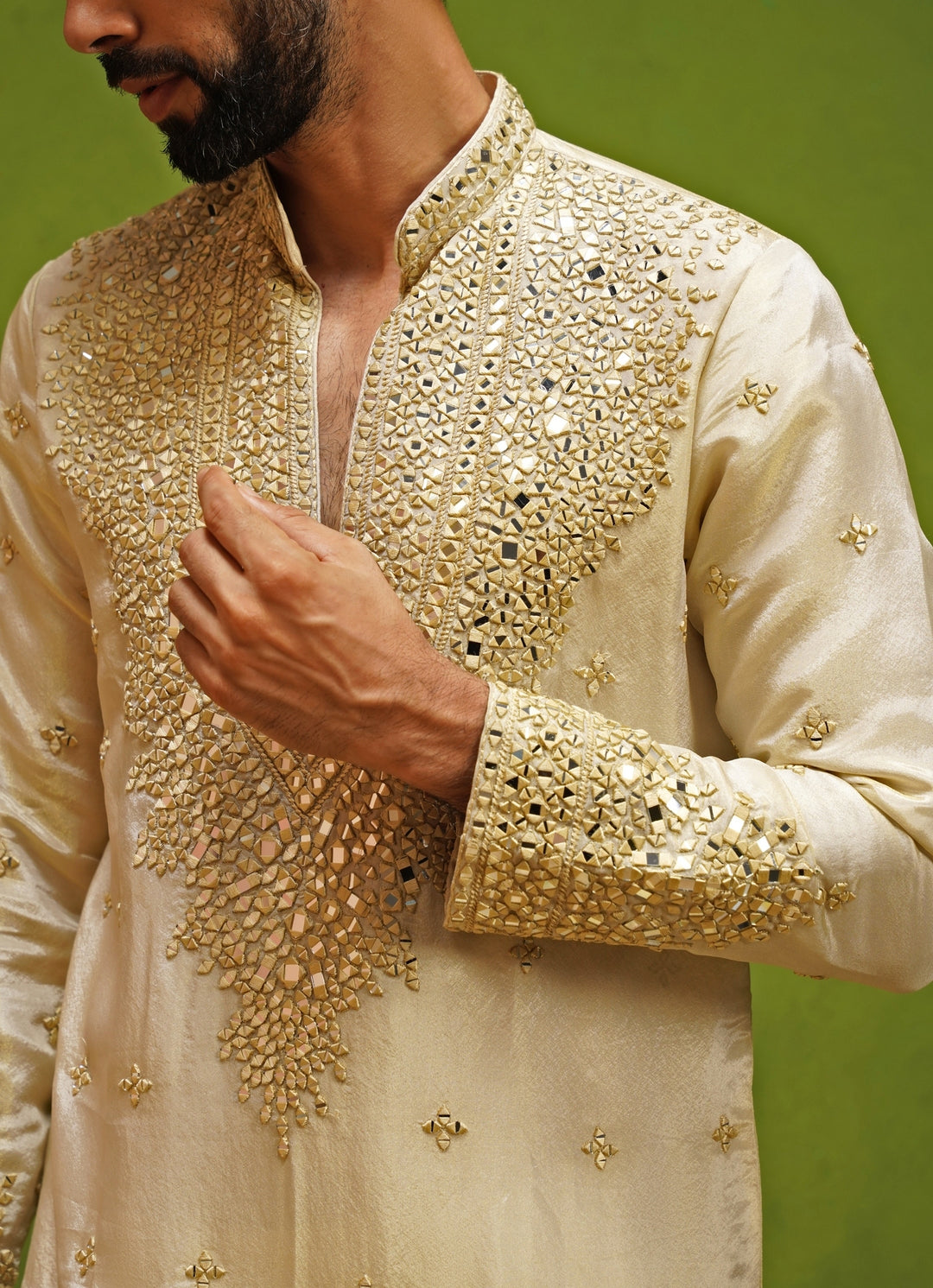Beige Tissue Silk Mirror Short Kurta Set