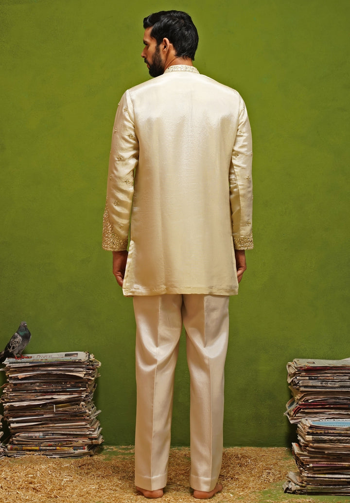 Beige Tissue Silk Mirror Short Kurta Set
