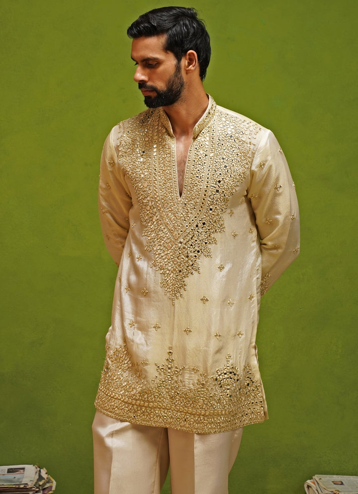 Beige Tissue Silk Mirror Short Kurta Set
