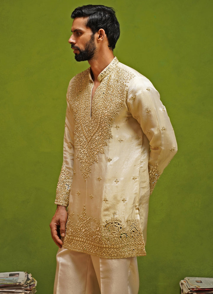 Beige Tissue Silk Mirror Short Kurta Set