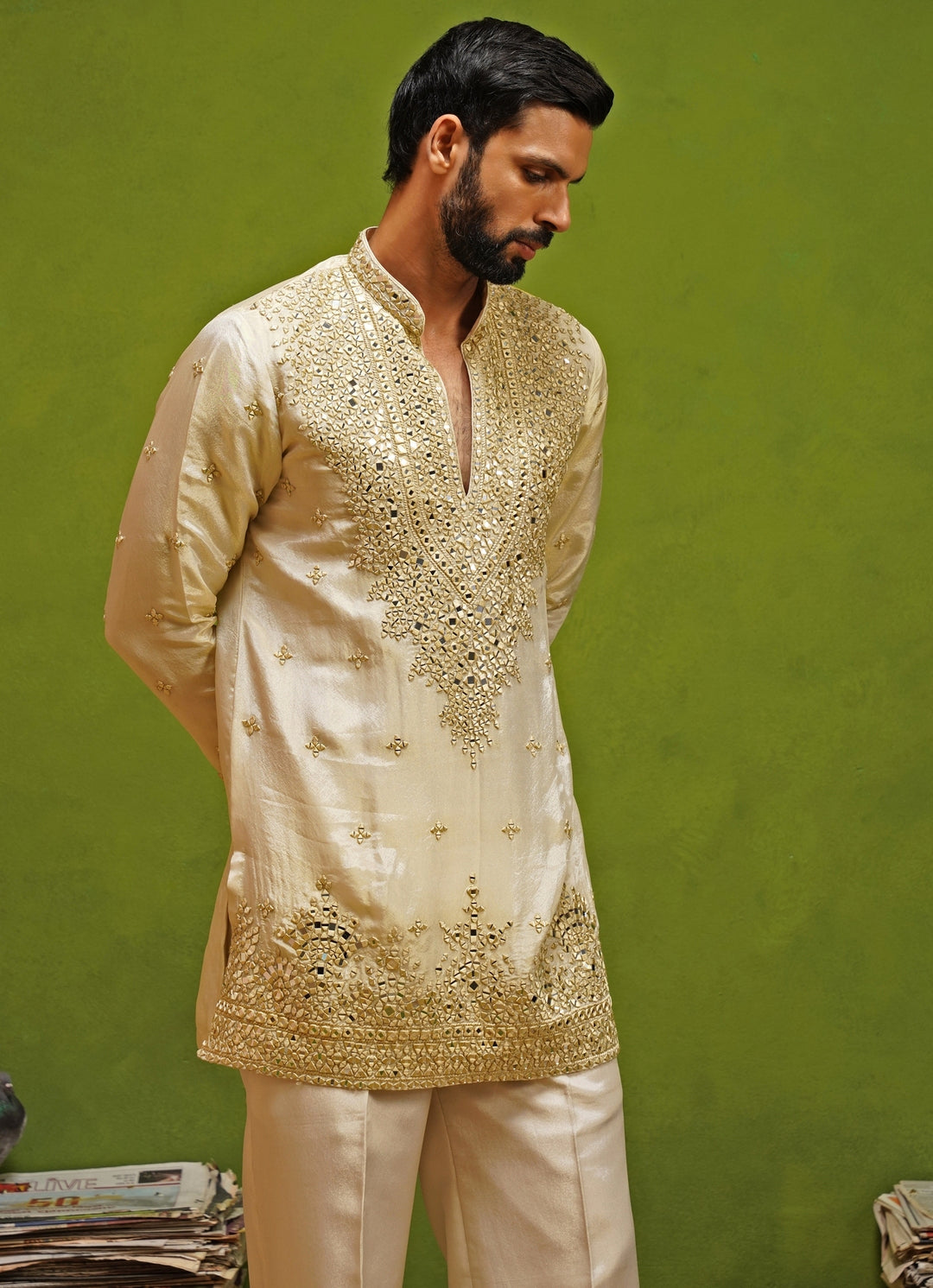 Beige Tissue Silk Mirror Short Kurta Set