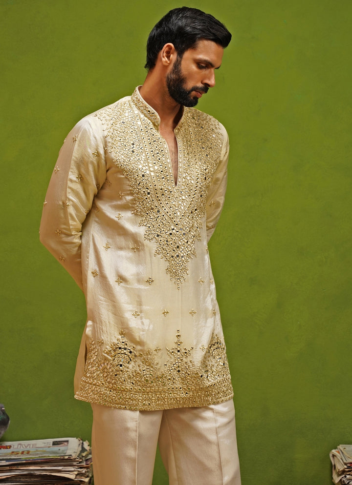Beige Tissue Silk Mirror Short Kurta Set