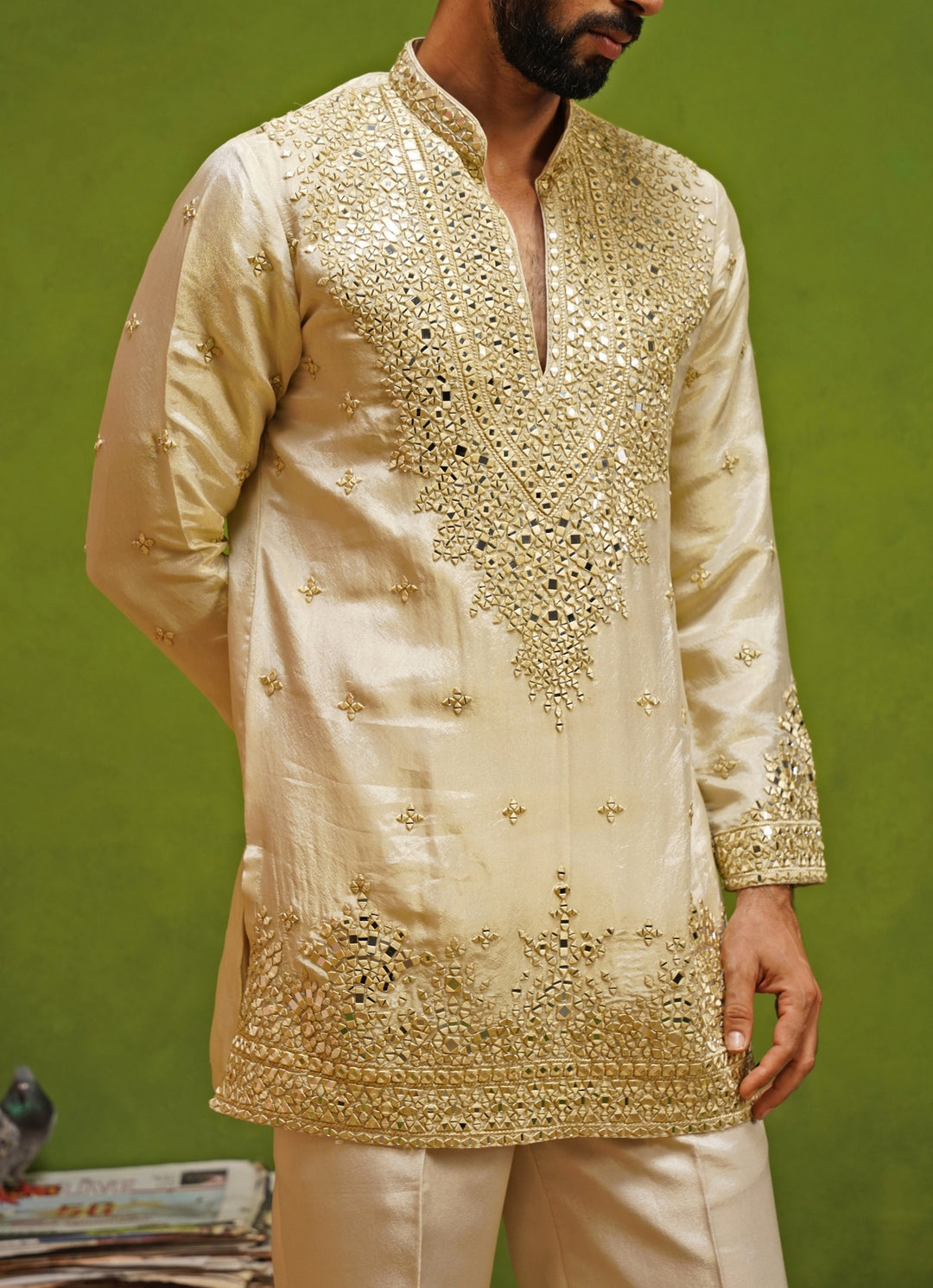 Beige Tissue Silk Mirror Short Kurta Set