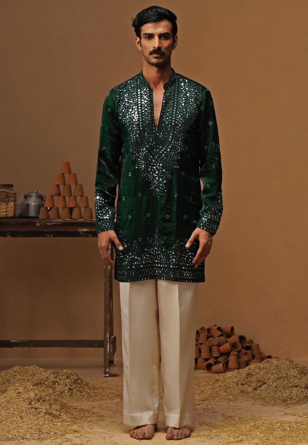 Emerald Green Tissue Silk Mirror Short Kurta Set