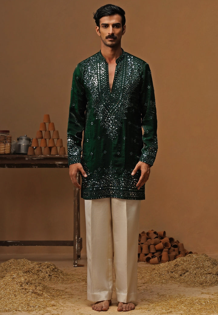 Emerald Green Tissue Silk Mirror Short Kurta Set