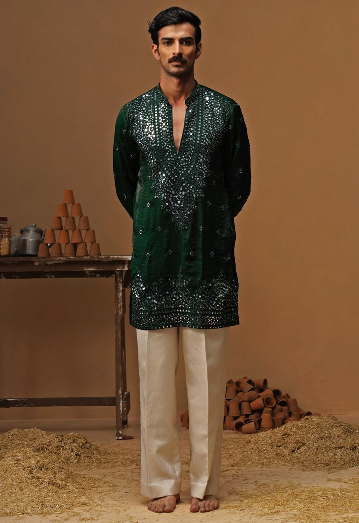 Emerald Green Tissue Silk Mirror Short Kurta Set