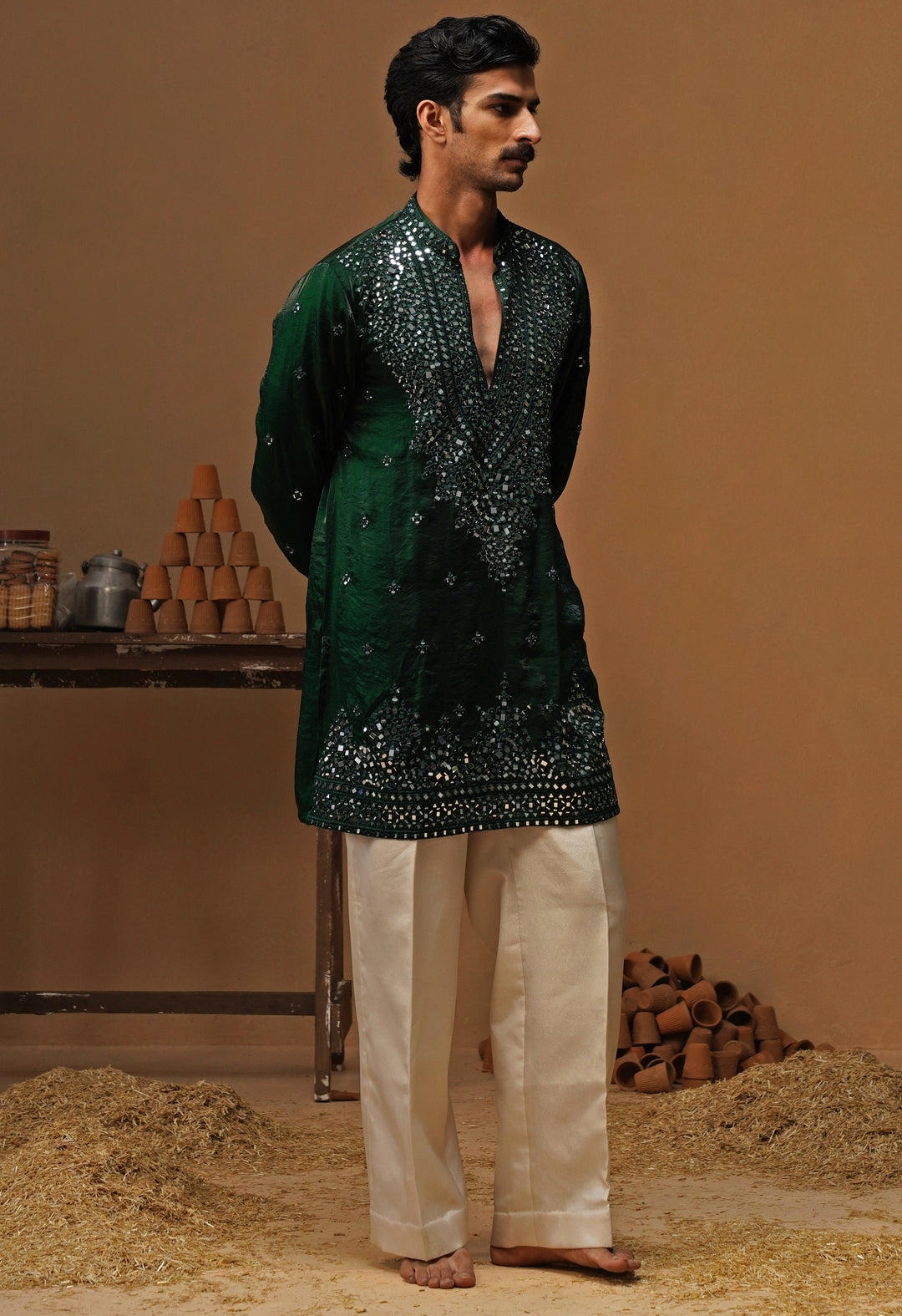 Emerald Green Tissue Silk Mirror Short Kurta Set